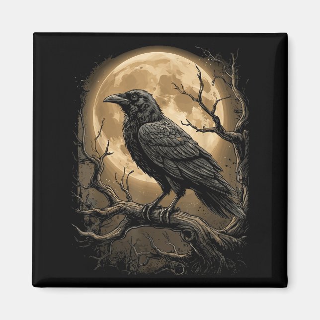 Imán Cuervo Negro Gótico Luna Bosque Oscuro Pájaro (Frente)