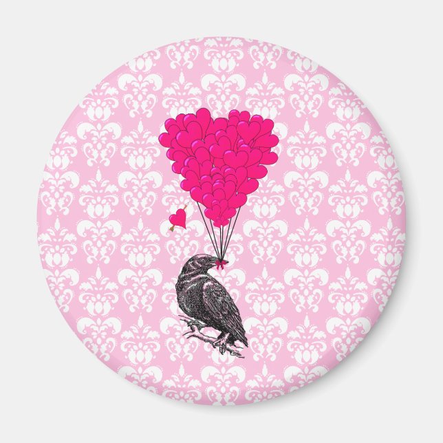 Imán Cuervo y corazón sobre damasco rosa (Frente)