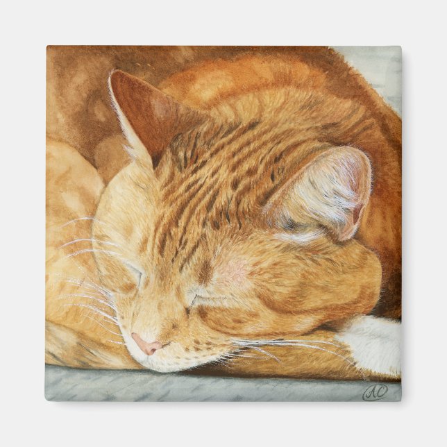 Imán Cuidada Sleepy Cat Watercolor Square Magnet (Frente)