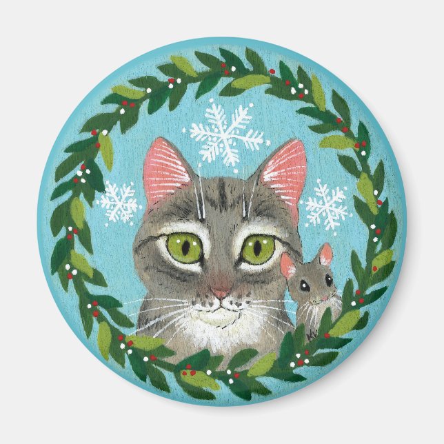Imán Cuidado gato tabby, ratón, nieve de invierno Navid (Frente)
