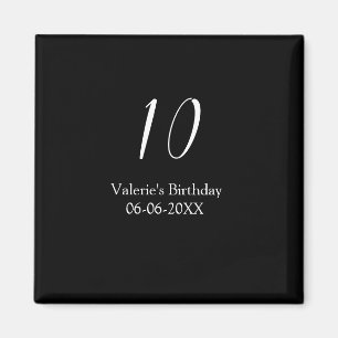 Imán cumpleaños 10 nombre fecha caligrafía blanco negro