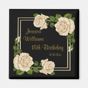 Imán Cumpleaños 18 Elegantes Rosas Marfil y Dorado Bril