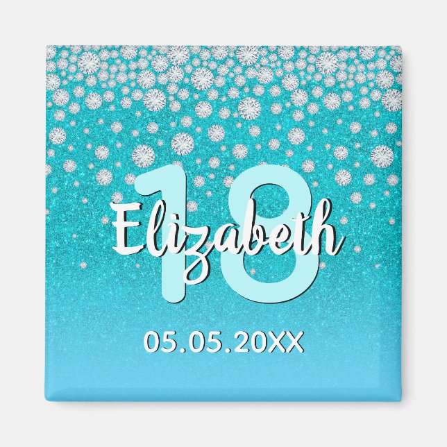 Imán Cumpleaños 18 turquesa azul verde brillo nombre di (Frente)