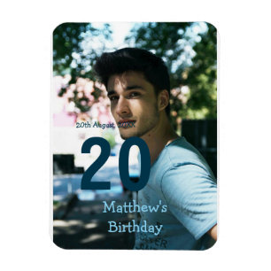 Imán cumpleaños 20 añadir nombre foto fecha hombre azul