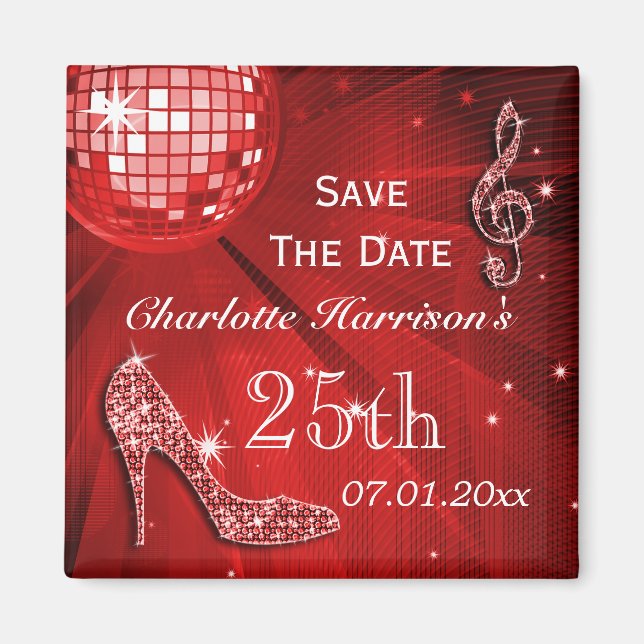 Imán Cumpleaños 25 Sparkly Stiletto Heel Save The Date (Frente)