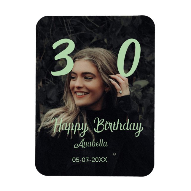Imán cumpleaños 30 añadir nombre fecha año verde pastel (Vertical)