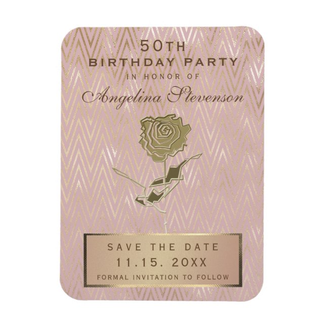 Imán Cumpleaños 50 Save The Date Rosa Dorada Flor (Vertical)