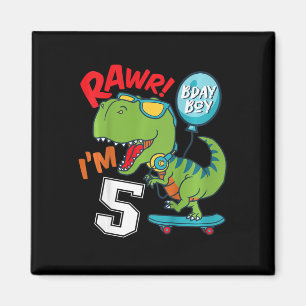 Imán Cumpleaños 5 niños niño de 5 años T-rex monopatín