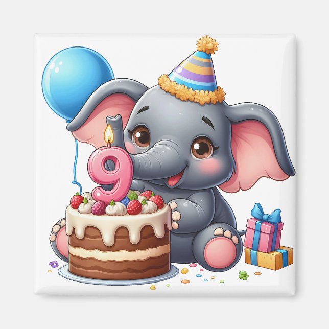Imán Cumpleaños 9 de elefante lindo (Frente)