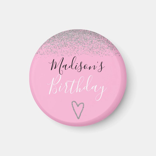 Imán Cumpleaños Corazón Brillo Rosa Plateado Femenino (Frente)