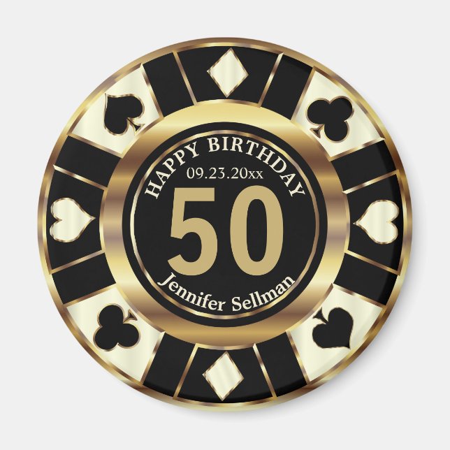 Imán Cumpleaños de Casino Chip Las Vegas - Crema y oro (Frente)