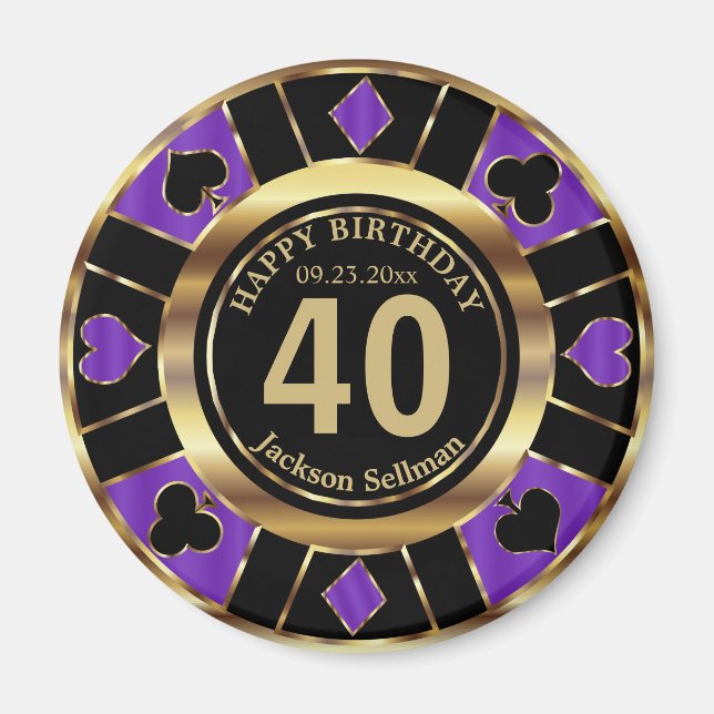 Imán Cumpleaños de Casino Chip Las Vegas - Morado y Oro (Frente)