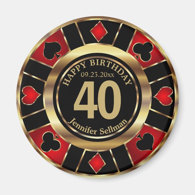 Imán Cumpleaños de Casino Chip Las Vegas - Oro y Rojo (Frente)