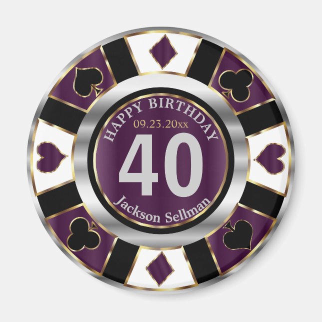 Imán Cumpleaños de Casino Chip Las Vegas - Pluma Púrpur (Frente)