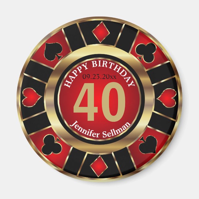 Imán Cumpleaños de Casino Chip Las Vegas - Rojo y Oro (Frente)