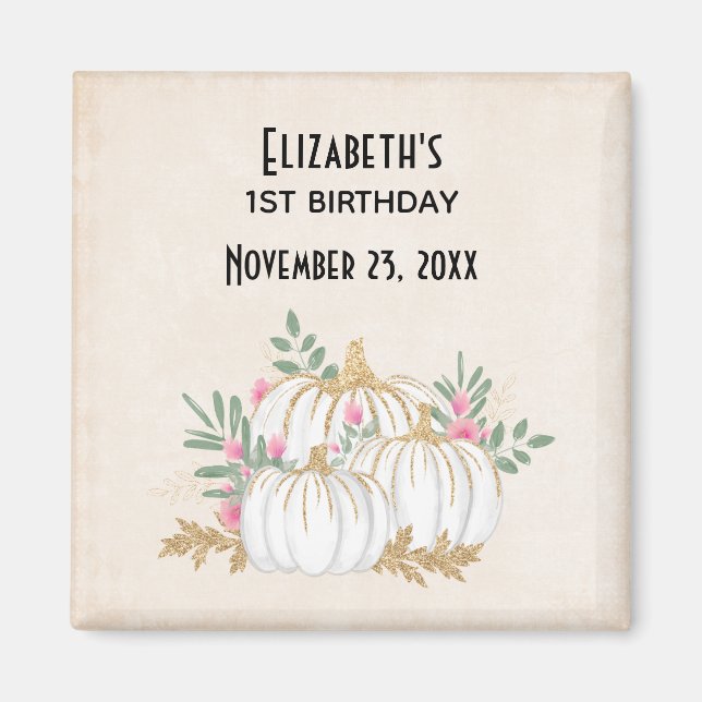 Imán Cumpleaños de las calabazas blancas y doradas (Frente)