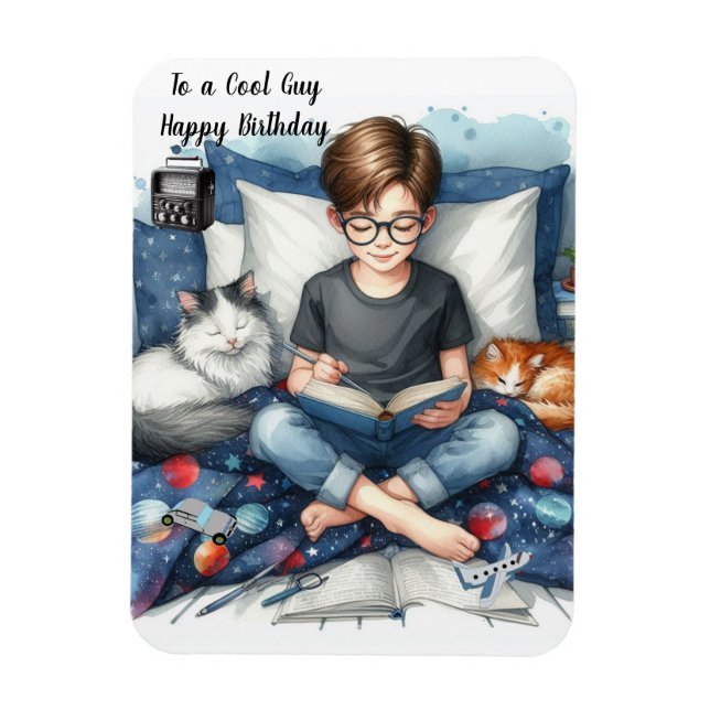 Imán Cumpleaños de los niños leyendo libros con gatos (Vertical)
