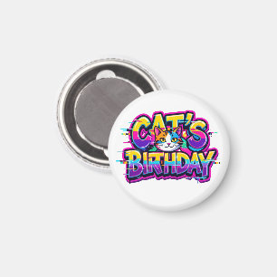 Imán Cumpleaños del Gato Arcoíris con Glitch