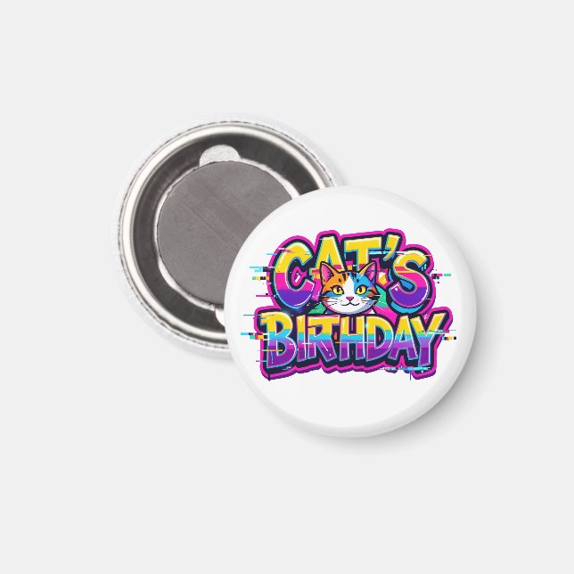Imán Cumpleaños del Gato Arcoíris con Glitch (Anverso/Reverso)