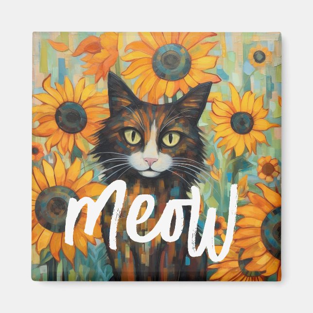 Imán Cumpleaños del Gato Lover, el Whiskers del Girasol (Frente)