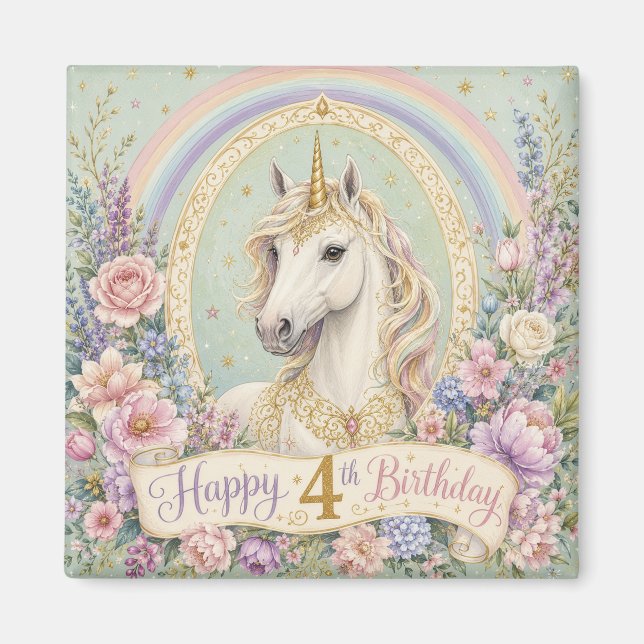 Imán Cumpleaños elegante unicornio arcoíris 4 años (Frente)