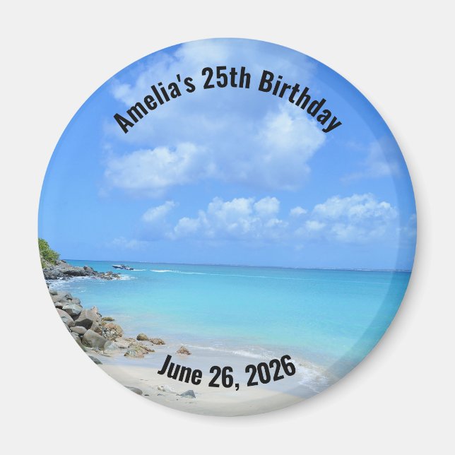 Imán Cumpleaños en una Hermosa Playa Tropical Turquesa (Frente)
