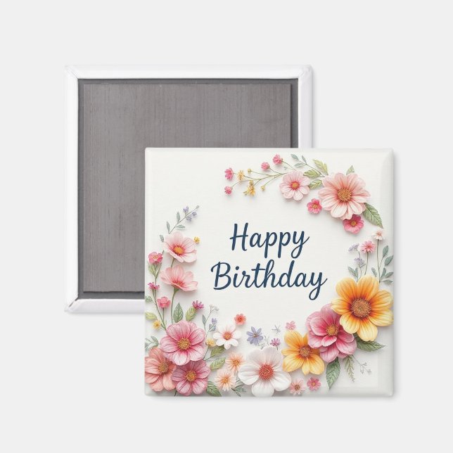 Imán Cumpleaños Feliz Corona Floral Elegante (Anverso/Reverso)