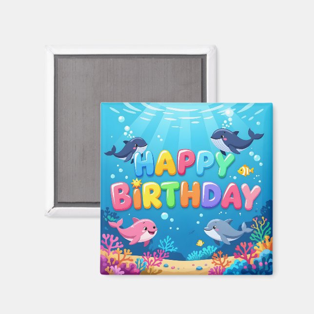 Imán Cumpleaños feliz delfín náutico lindo (Anverso/Reverso)