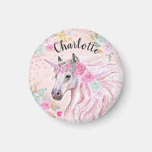 Imán Cumpleaños lindo unicornio personalizado rosa bril