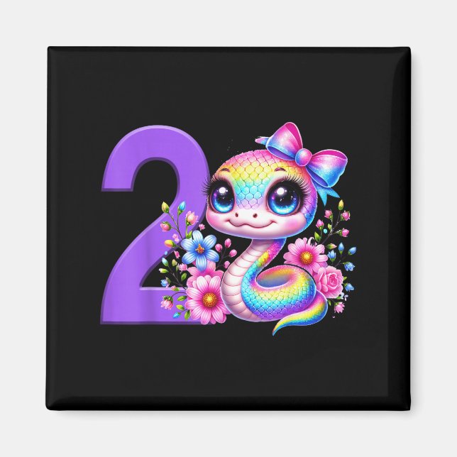 Imán Cumpleaños niña serpiente arcoíris coquette lazo (Frente)