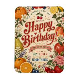 Imán Cumpleaños Retro Frutas, Felicitación Floral Color