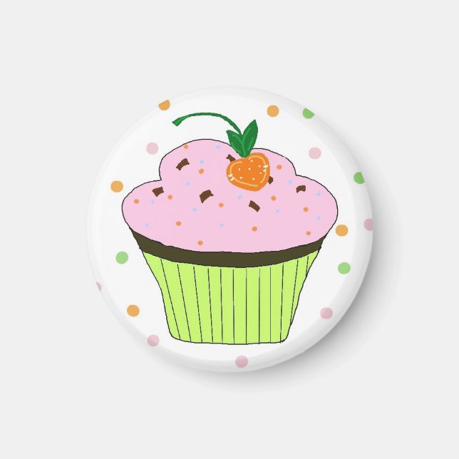 Imán Cupcake rosa glaseado con lunares (Frente)