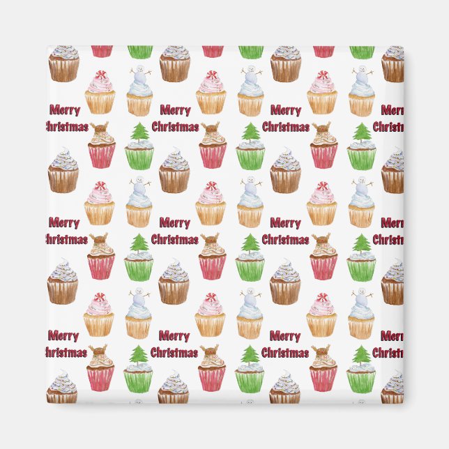 Imán Cupcakes de Navidad con Acuarela Feliz Navidad (Frente)