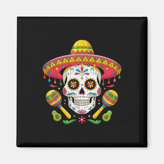 Imán Curioso cráneo Cinco De Mayo Funny con Gorra Sombr (Frente)