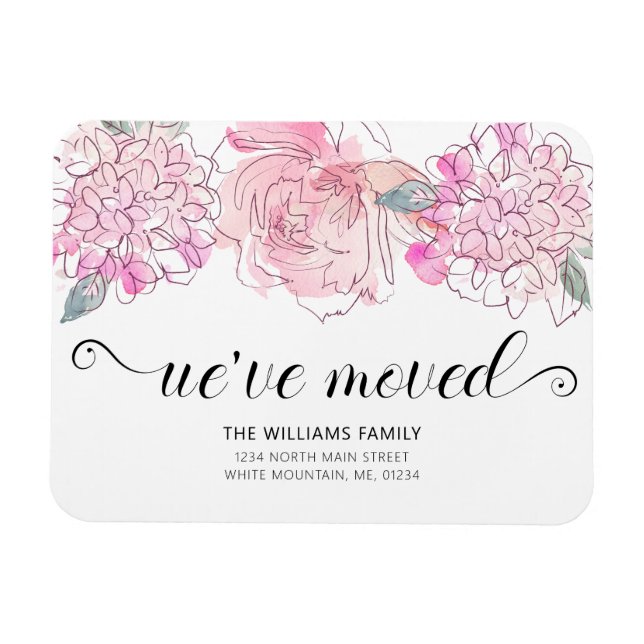 Imán Curva rosa rosa rosada Hydrangea acuarela Floral M (Horizontal)