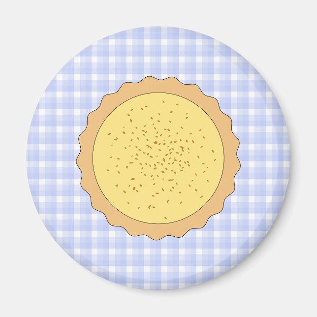 Imán Custard Pie. Tart Amarillo, con Gingham Azul. (Frente)