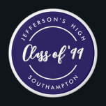 Imán Custom Class of School Graduate Reunion Circle<br><div class="desc">Simple minimalist chic posh style design of school name inside navy blue circle ring. Customize it with texts of your own choice for school reunion or graduation keepsake.</div>