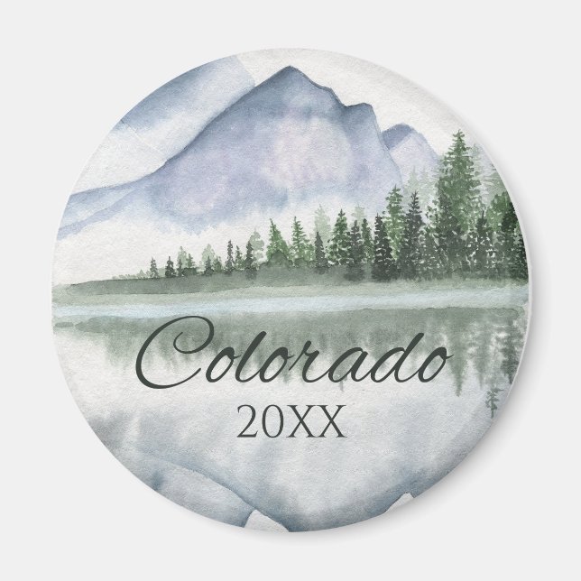 Imán Custom Colorado Watercolor Mountain Lake Trees (Frente)