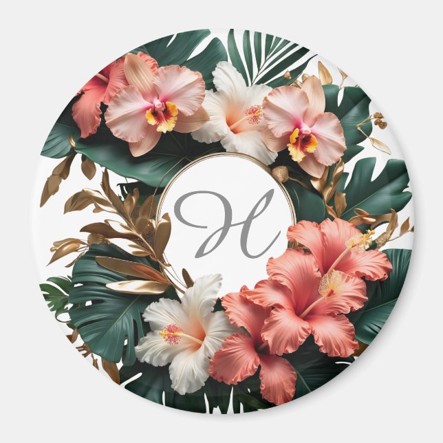 Imán Custom Floral Monogram Tropical Fridge Magnet (Frente)
