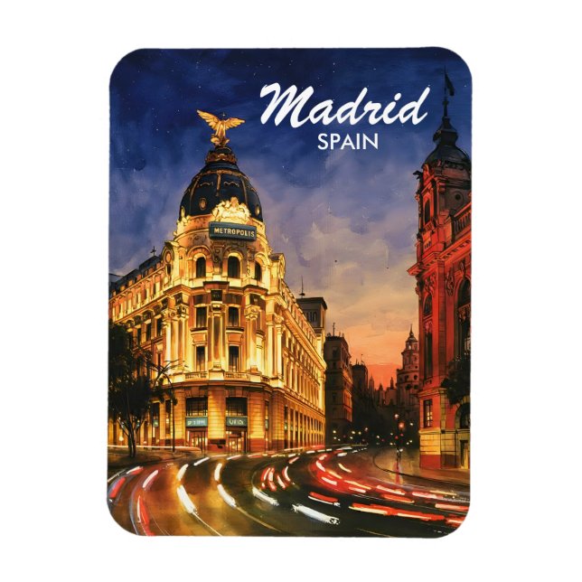 Imán Custom Madrid Spain Night Watercolor Cityscape (Vertical)