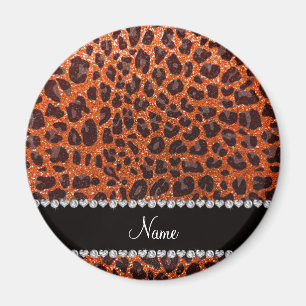 Imán Custom name orange glitter leopard print