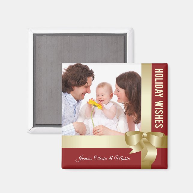 Imán Custom Name & Photo Holiday Red, Gold Bow (Anverso/Reverso)