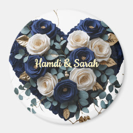 Imán Custom Navy Gold Floral Monogram Round Magnet