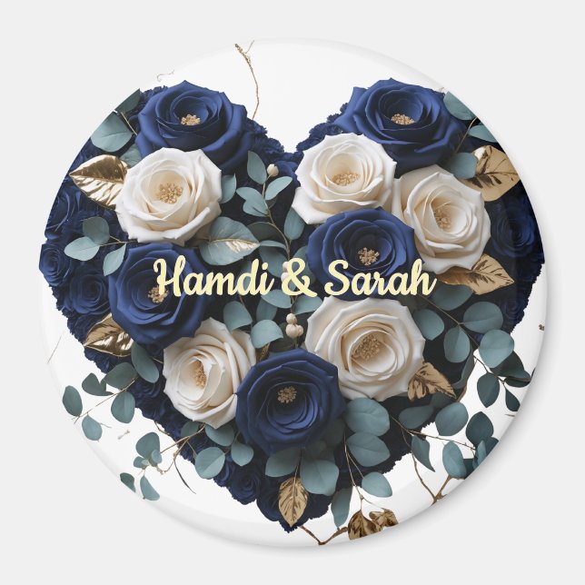 Imán Custom Navy Gold Floral Monogram Round Magnet (Frente)