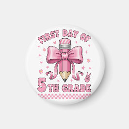 Imán Cute 5th Grade Girl Pink Bow Groovy Pencil Design