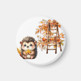 Imán Cute Autumn Hedgehog with Harvest Ladder Illustrat