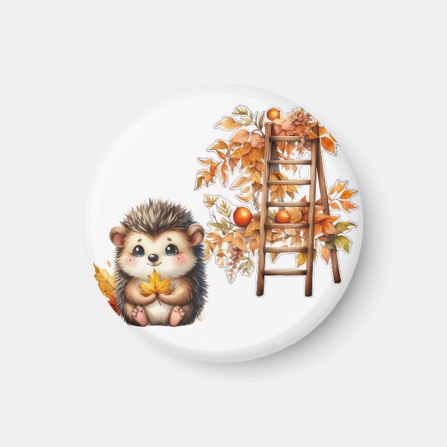 Imán Cute Autumn Hedgehog with Harvest Ladder Illustrat (Frente)