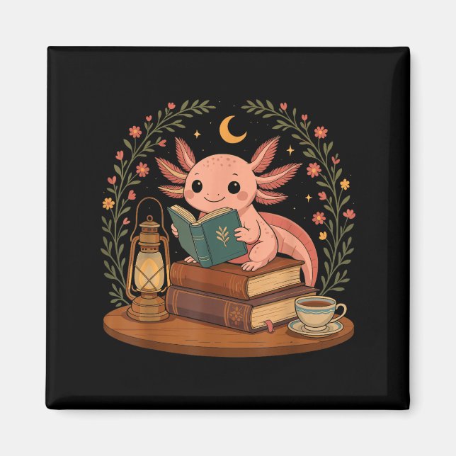 Imán Cute Axolotl Reading Books Cozy Bookworm  (Frente)