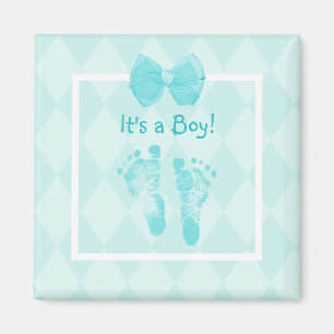 Imán Cute Baby Boy Footprints Baby Shower Blue Ribbon