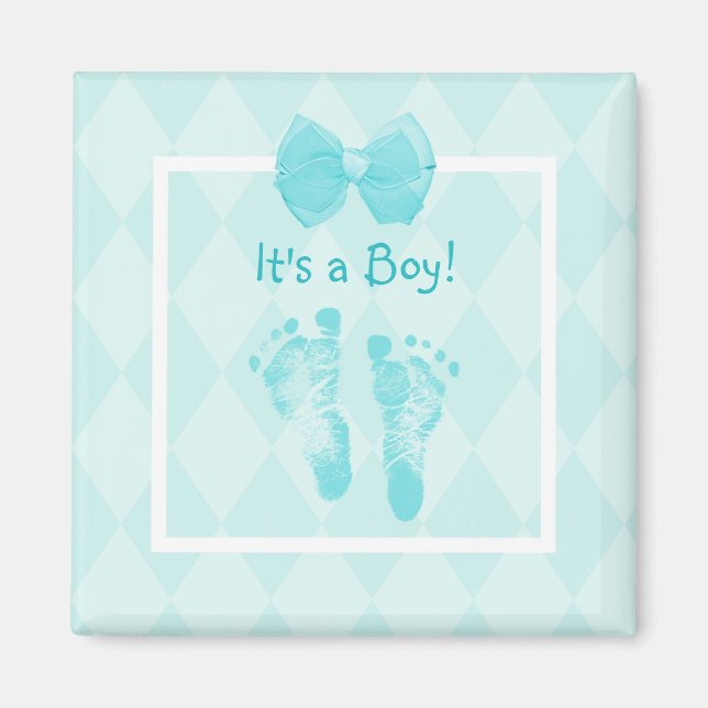 Imán Cute Baby Boy Footprints Baby Shower Blue Ribbon (Frente)